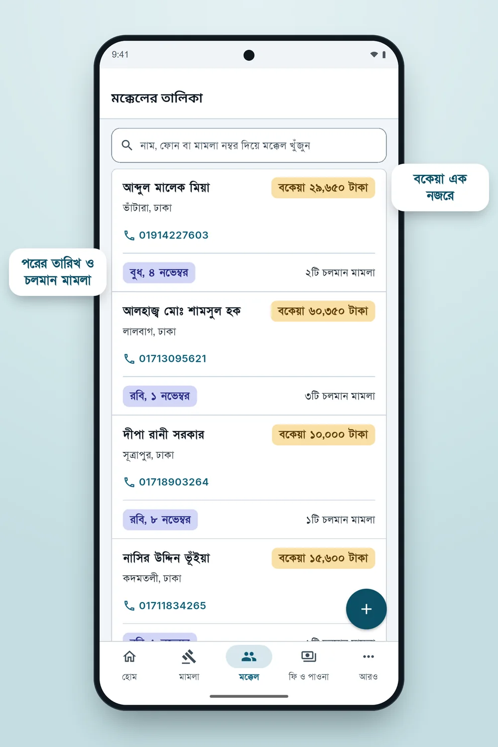 মক্কেলের তালিকা: প্রতি মক্কেলের বকেয়া, ফোন, পরের তারিখ আর চলমান মামলা